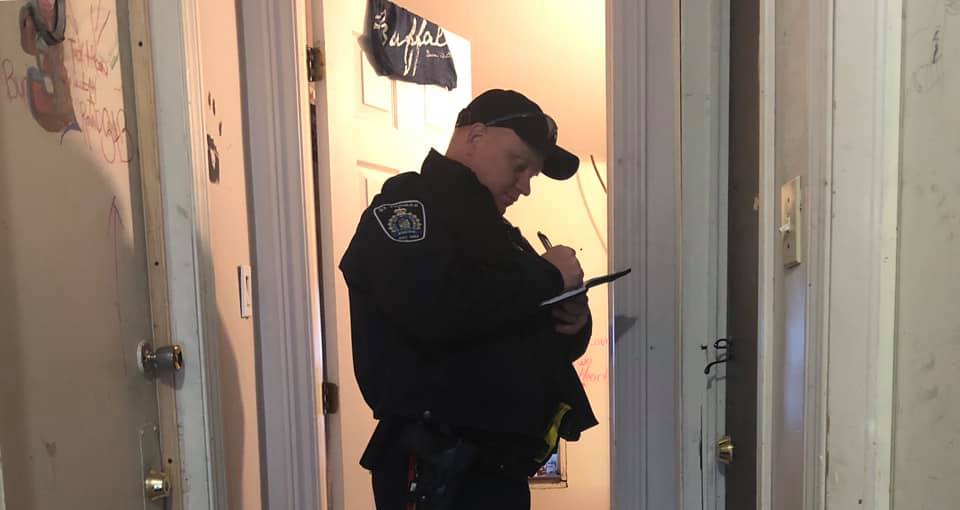 St. Thomas Police were securing a search warrant for this apartment on Tuesday morning, after a suspect was tracked down by a police service dog.
