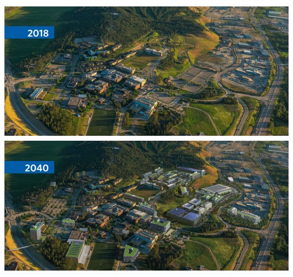 The UBC Okanagan campus in 2018 compared to the school’s vision for its campus in 2040.