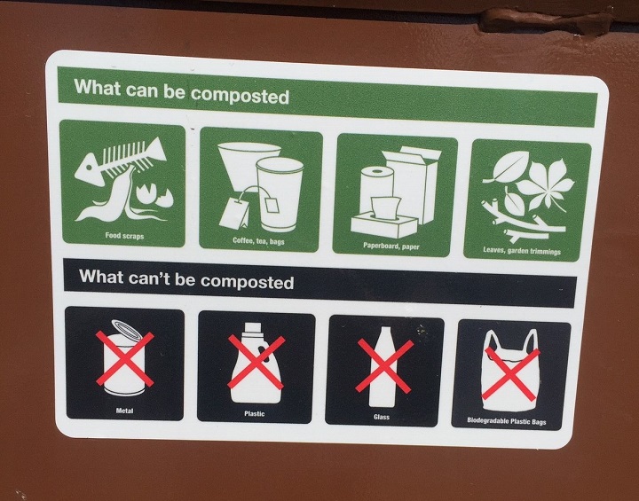 A sign on the compost bin near City Hall in Vernon showing what is, and isn’t, acceptable to compost.