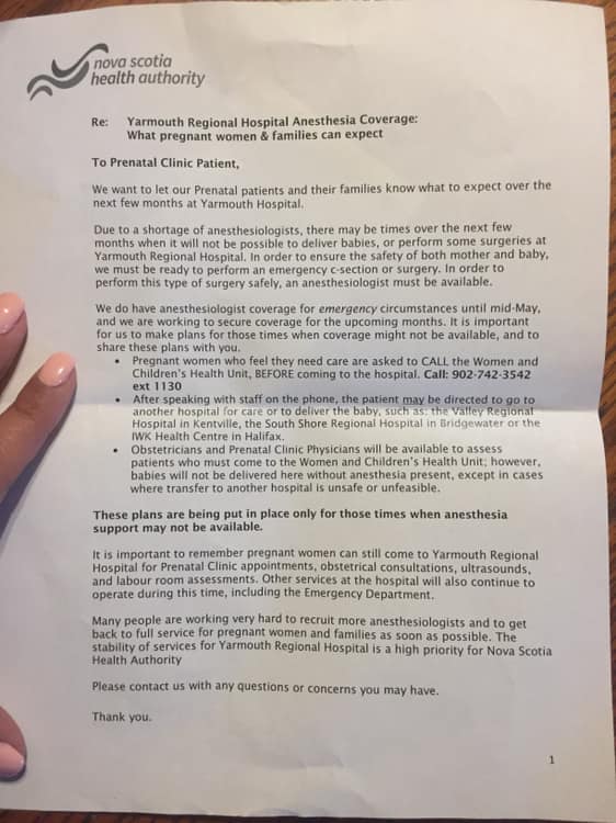 A letter distributed to prenatal patients in the Yarmouth area.