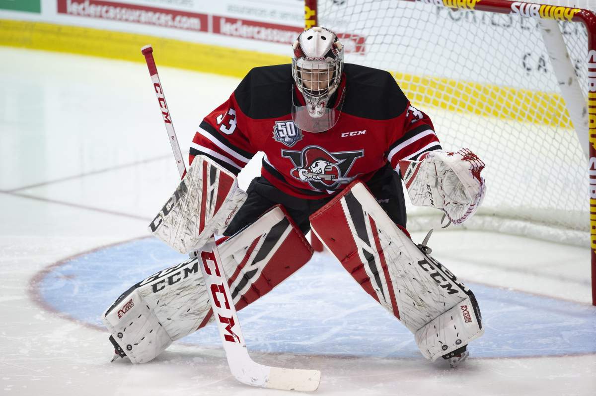 Olivier Rodrigue (#33), player of Drummondville Voltigeurs, season 2018-19 of the QMJHL in Drummondville, Que., Friday, September 28, 2018. 