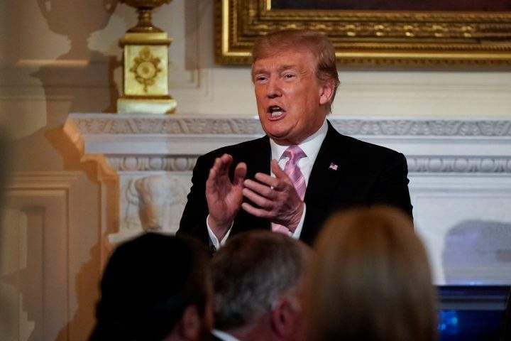 U.S. President Donald Trump speaks during a dinner before a national day of prayer at the White House in Washington, U.S., May 1, 2019.     