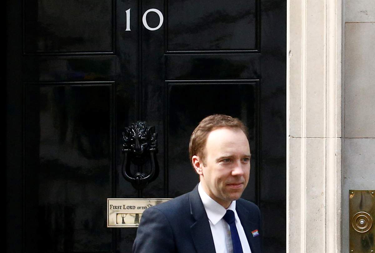 FILE PHOTO: Britain’s Secretary of State for Health Matt Hancock is seen outside Downing Street, as uncertainty over Brexit continues, in London, Britain April 8, 2019.