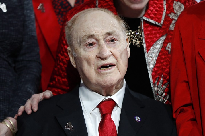 Former Detroit Red Wings player Red Kelly watches his jersey retirement ceremony before an NHL hockey game against the Toronto Maple Leafs, Friday, Feb. 1, 2019, in Detroit. 