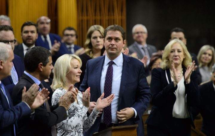 Conservative Leader Andrew Scheer stands during question period in the House of Commons on Parliament Hill in Ottawa on May 15, 2019.