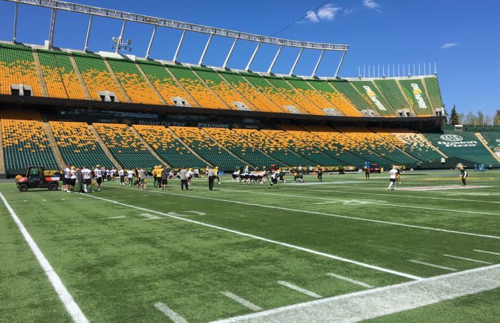 The Edmonton Eskimos at training camp at Commonwealth Stadium on May 20, 2019,.