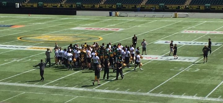 The Edmonton Eskimos at the end of their walkthrough practice on Saturday, May 26, 2019.