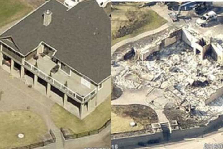 Jaime Harpe’s home in the Sapre Creek Estates neighbourhood of Fort McMurray before and after the May 2016 wildfire.