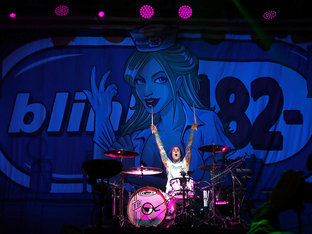 Travis Barker of Blink-182 performs at KROQ at Huntington State Beach on April 27, 2019 in Huntington Beach, Calif.