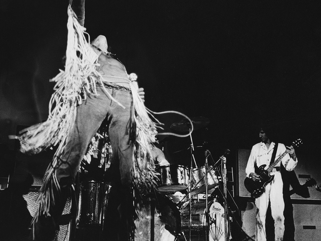 (L-R) Roger Daltrey and Pete Townshend of The Who onstage during a live performance at Woodstock Festival in White Lake, N.Y. on Aug. 16, 1969.