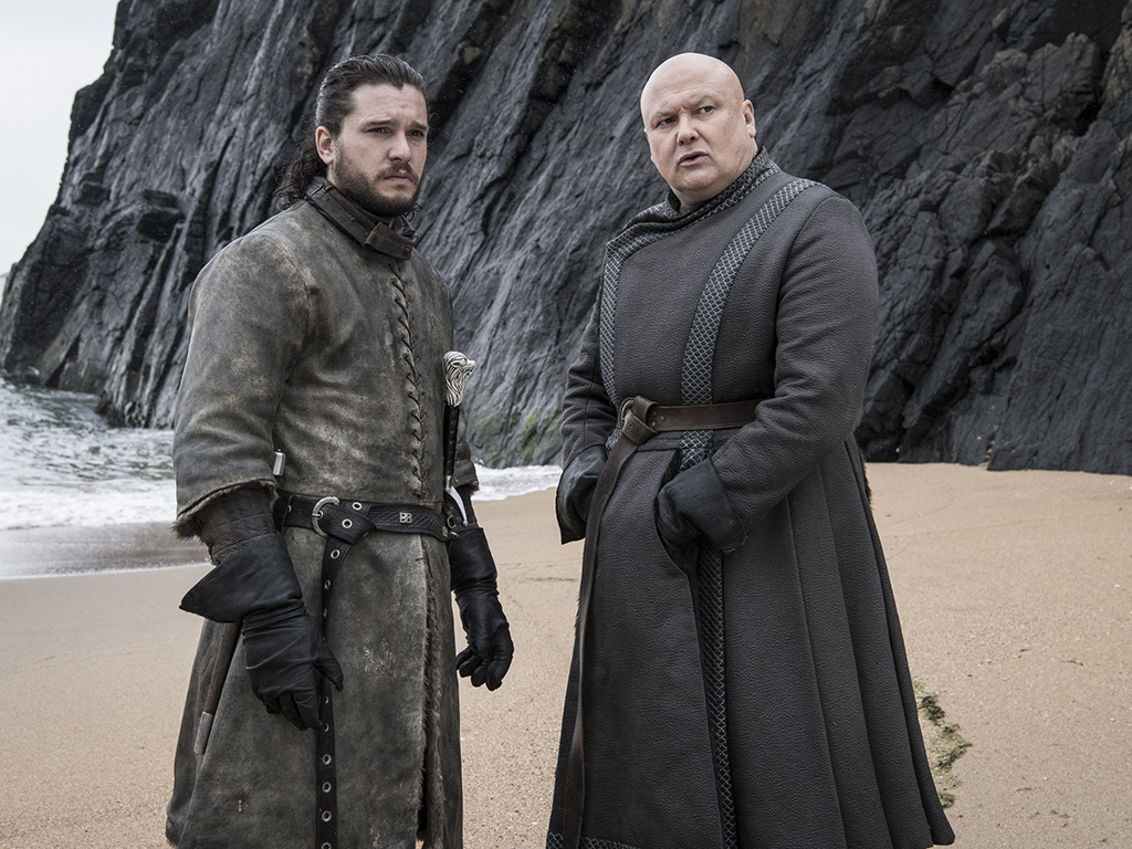 (L-R) Jon Snow (portrayed by Kit Harrington) and Lord Varys (Conleth Hill) in Season 8 of HBO’s ‘Game of Thrones.’