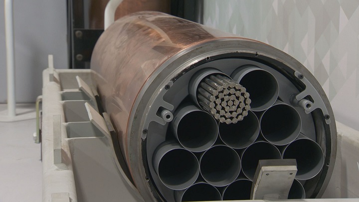Used fuel from the Bruce Power plant is stored in the form of pellets that fit into tubes. These tubes are collected into bundles and packed into carbon steel tubes coated in copper.