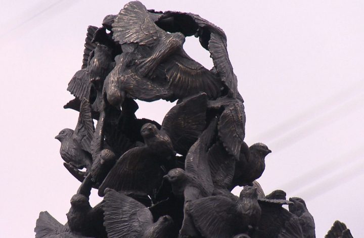 A bronze sculpture entitled “Wolfe and the Sparrows” was installed at the southwest corner of the new 12 Street Bridge in Inglewood on Wednesday.
