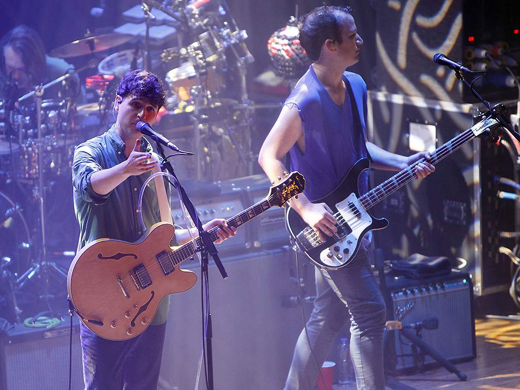 Ezra Koenig and Chris Baio of Vampire Weekend perform onstage at Islington Assembly Hall on March 22, 2019, in London, England.