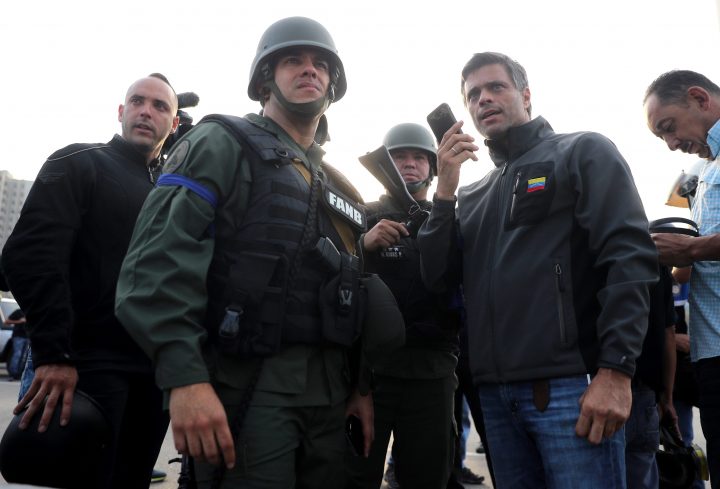 Venezuelan opposition leader Leopoldo Lopez is shown outside the La Carlota military base in Caracas, Venezuela on April 30, 2019.
