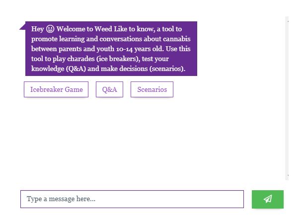The chatbot on the Parent Action on Drugs website allows parents to play interactive games with their children to help open up the conversation about cannabis.