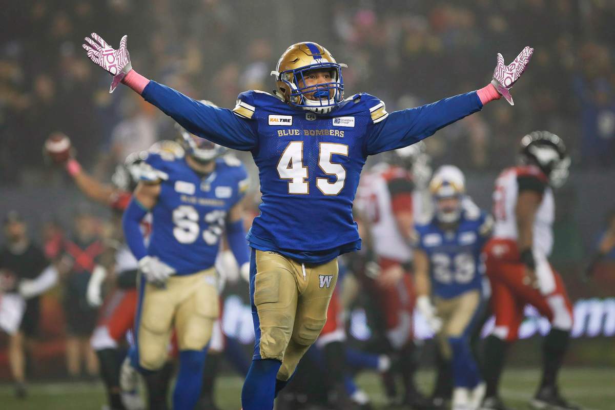 Winnipeg Blue Bombers’ Jovan Santos-Knox (45) celebrates a fumble recovery during the second half of CFL action against the Calgary Stampeders, in Winnipeg, Friday, Oct. 26, 2018.