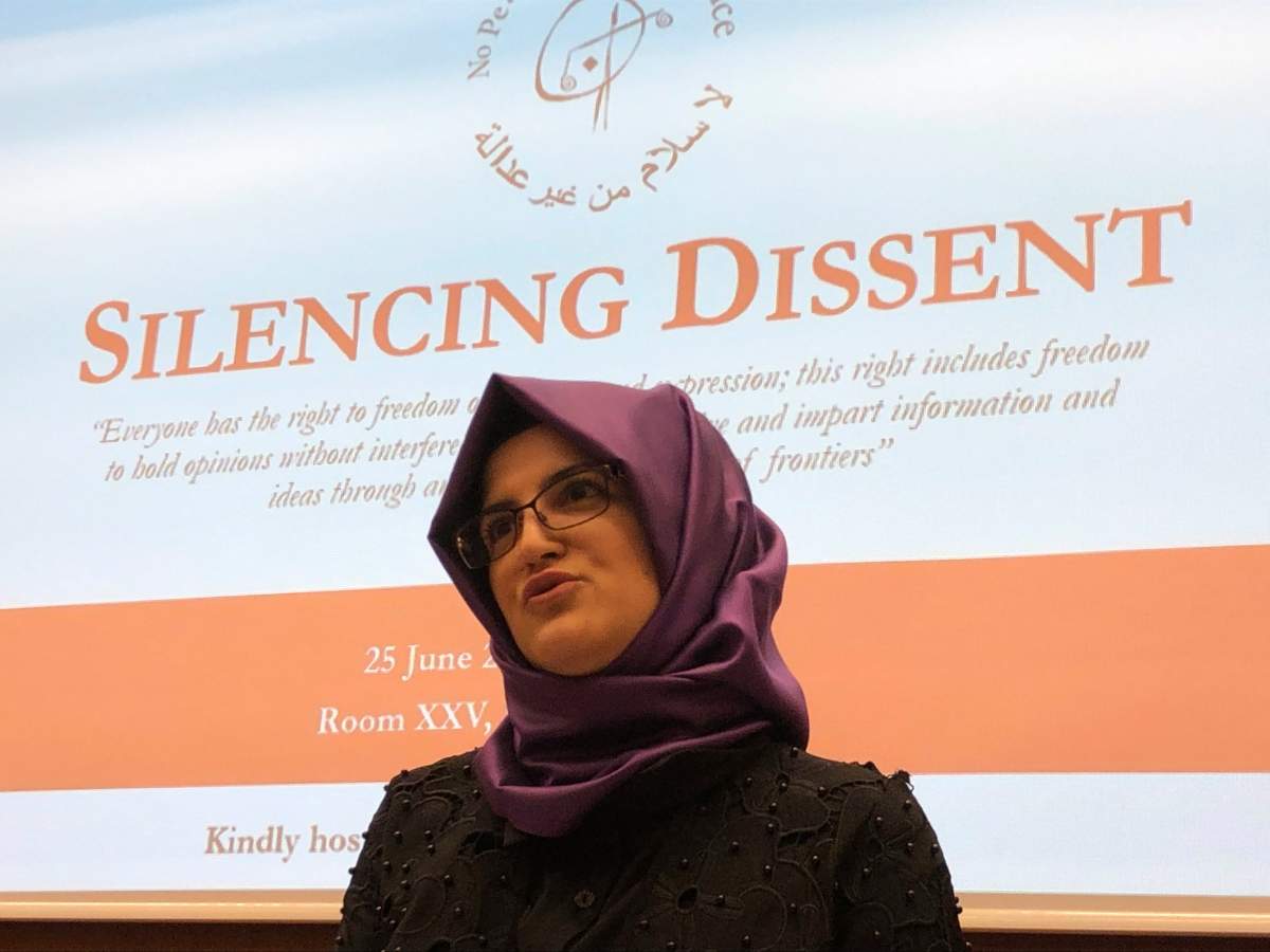 Hatice Cengiz is pictured at the U.N.-backed Human Rights Council in Geneva, Switzerland, Tuesday, June 25, 2019. 