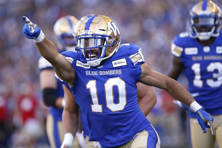 Winnipeg Blue Bombers' Nic Demski (10) celebrates his touchdown during the first half of CFL action against the Edmonton Eskimos in Winnipeg Thursday, June 27, 2019. 