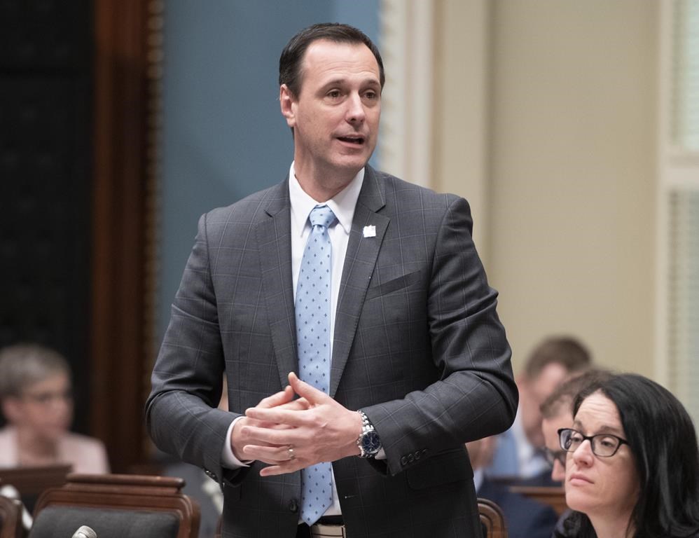 Quebec Education Minister Jean-François Roberge responds to the opposition during question period on Wednesday, June 5, 2019 at the legislature in Quebec City.