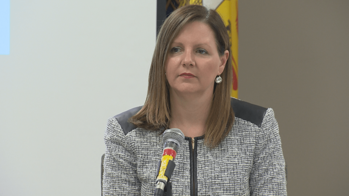 Dr. Jennifer Russell, N.B. chief medical officer of health, speaking to reporters at a media briefing in Shediac, N.B. about changes to water-monitoring protocols at Parlee Beach.