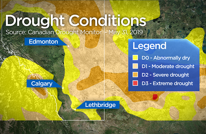 The Canadian Drought Monitor showing the most recent conditions across southern Alberta as of May 31, 2019.