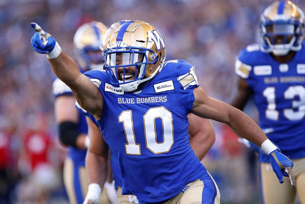 Winnipeg Blue Bombers' Nic Demski (10) celebrates his touchdown during the first half of CFL action against the Edmonton Eskimos in Winnipeg Thursday, June 27, 2019.