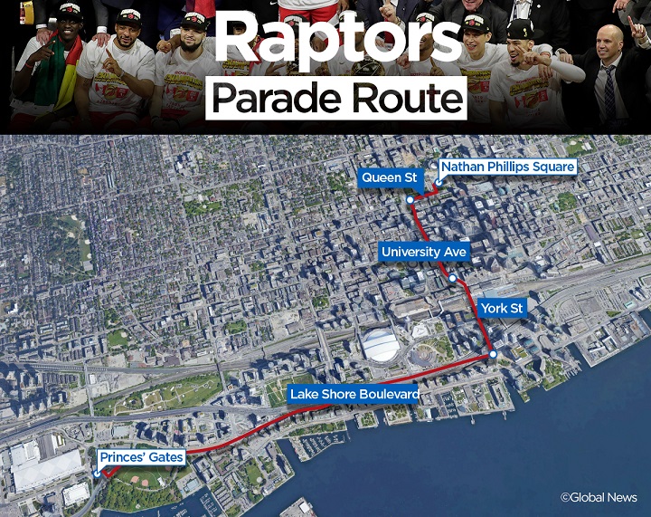 A map showing the Toronto Raptors Parade route starting at 10 a.m on Monday.