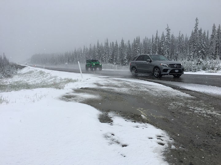 Snow blankets the Okanagan Connector following an unseasonable storm.