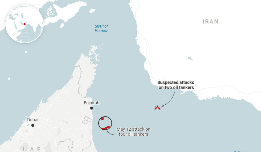 This map from the Associated Press shows where six tankers were attacked in a busy Middle East shipping lane.