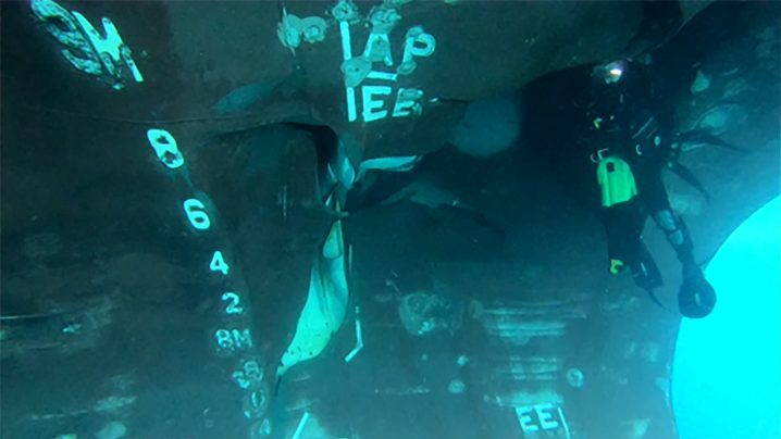An undated photograph provided June 6, 2019 by the United Arab Emirates mission to the United Nations shows underwater damage to the Saudi Arabian tanker Al Marzoqah in the Port of Fujairah.