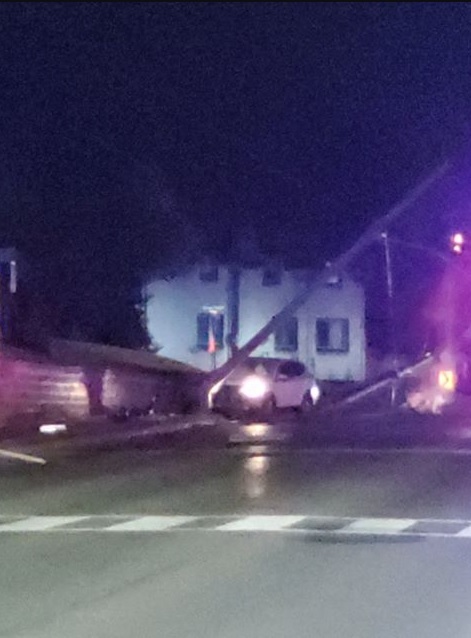 An image captured by a listener shows a vehicle that came to rest against a hydro pole on Wellington Road at Frank Place.