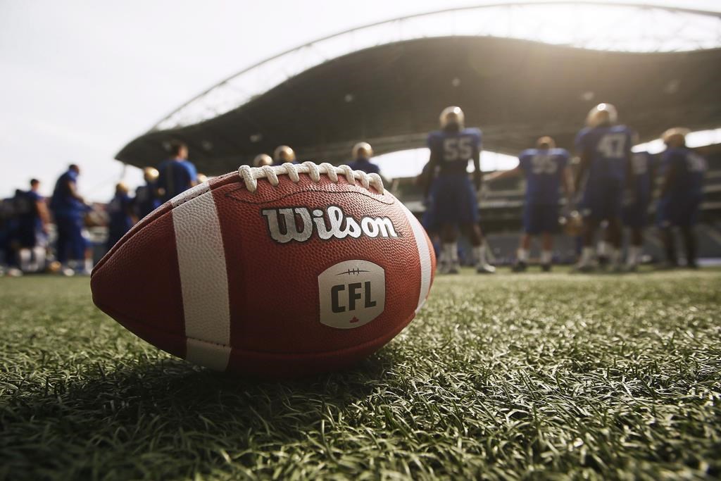 A CFL ball is photographed at the Winnipeg Blue Bomber stadium in Winnipeg on May 24, 2018.
