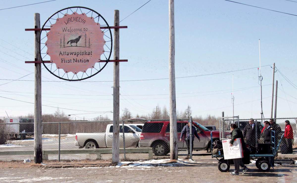A sign welcomes visitors at the Attawapiskat airport in the remote northern Ontario community on Monday, April 18, 2016. 