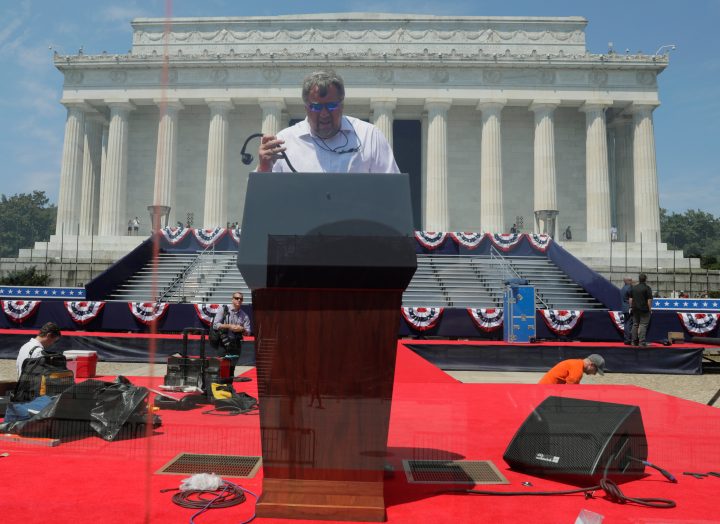 A presidential podium is put into place as preparations continue for U.S. President Donald Trump’s Fourth of July speech at the Lincoln Memorial in Washington, U.S., July 3, 2019.