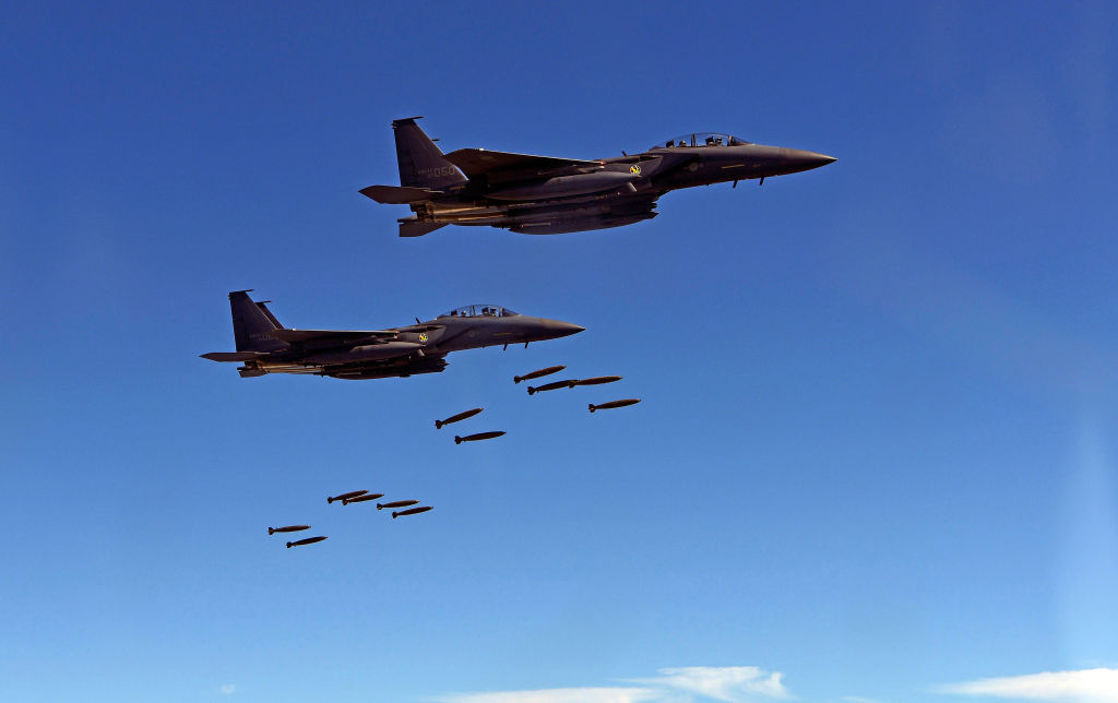 In this handout image provide by South Korean Defense Ministry, South Korea's F-15K fighter jets drop bombs during a training at the Taebaek Pilsung Firing Range on August 31, 2017 in Gangwon-do, South Korea.
