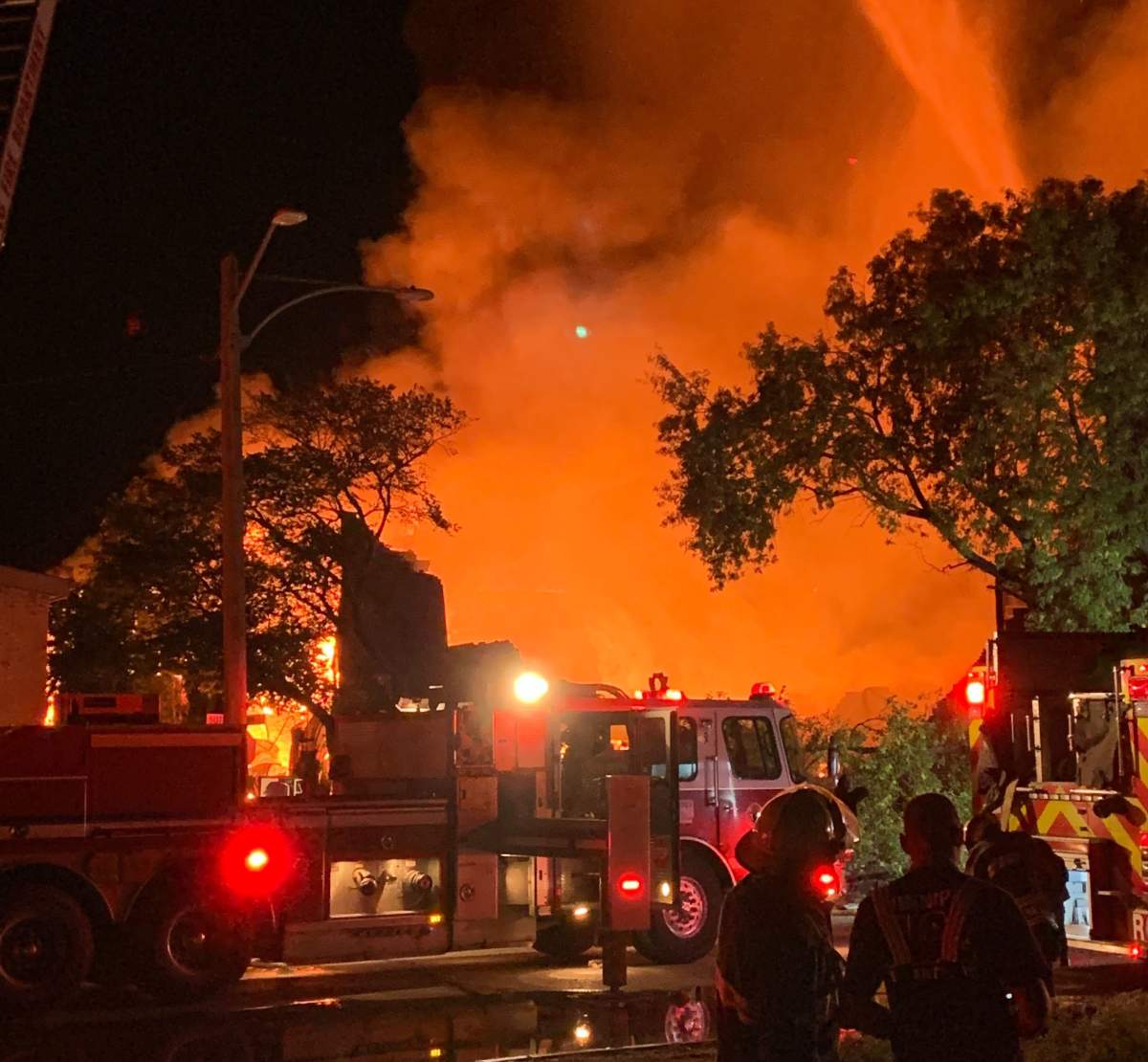 The fire burns on Jarvis Avenue.