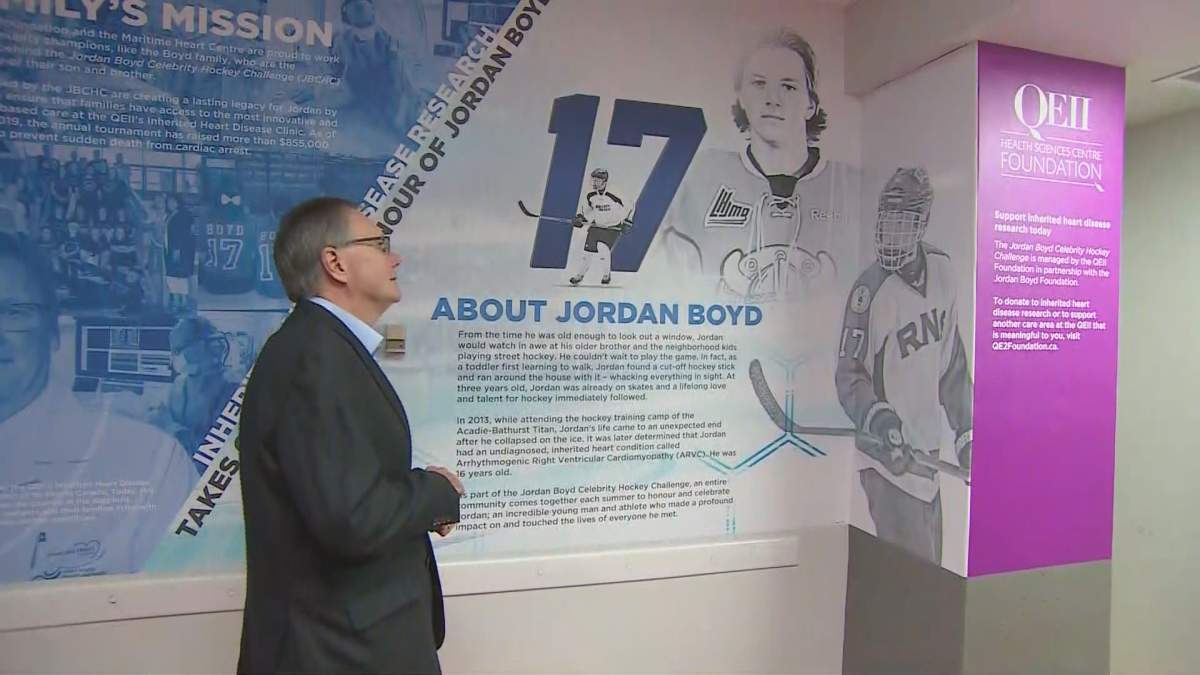 Stephen Boyd looks at a mural of his son, which was unveiled in the Halifax Infirmary in 2019.