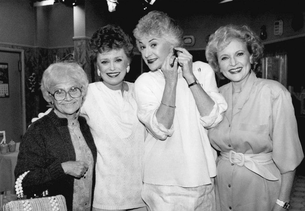 This Dec. 25, 1985 file photo shows the stars of the television series ‘The Golden Girls,’ from left, Estelle Getty, Rue McClanahan, Bea Arthur and Betty White during a break in taping in Hollywood, Calif.