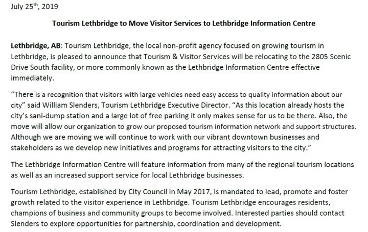 Tourism Lethbridge issue release on move to new building Thursday