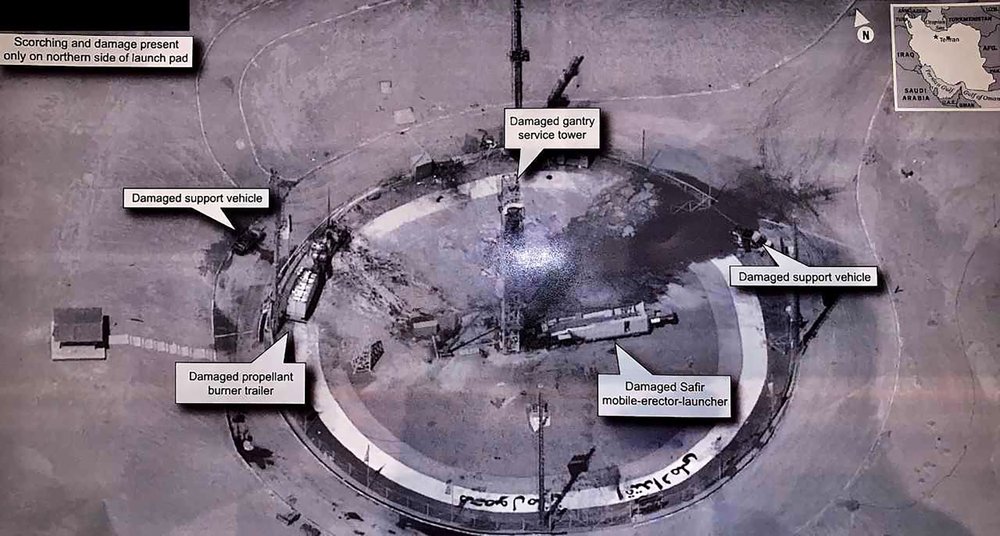 This image taken from the Twitter account of President Donald J. Trump, @realDonaldTrump, shows an undated photo of the aftermath of an explosion at Iran's Imam Khomeini Space Center in the country's Semnan province. 