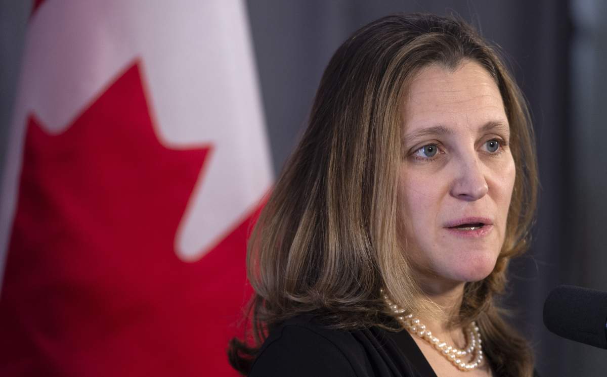 Foreign Affairs Minister Chrystia Freeland delivers a statement while entering a cabinet meeting in Sherbrooke, Que. on January 17, 2019.