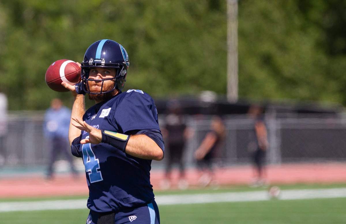 McLeod Bethel-Thompson warms up prior to CFL action in Moncton on Sunday, August 25, 2019. (CFL PHOTO – RON WARD)