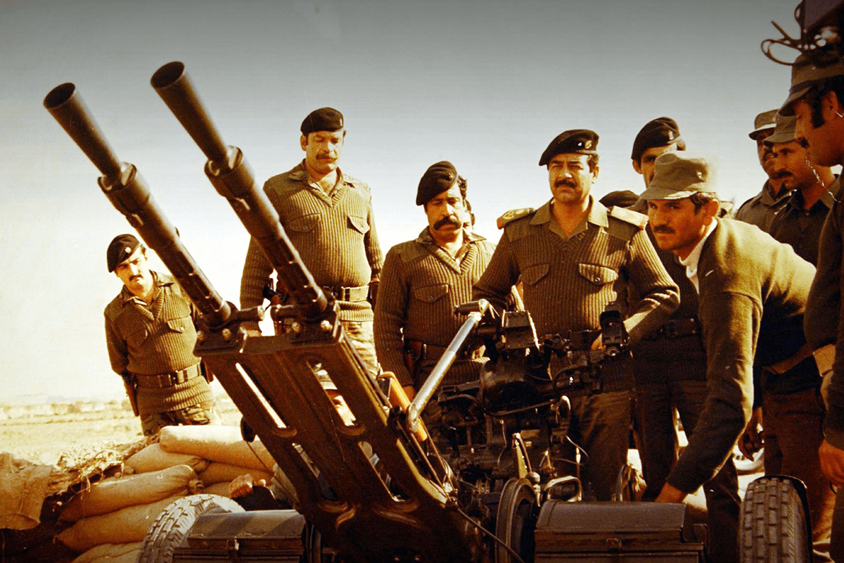 At the “Triumph Leader Museum,” which glorifies the life of Iraqi leader Saddam Hussein, a photo showing Saddam Hussein visiting the front line during the Iran-Iraq war is displayed. March 10, 2003.