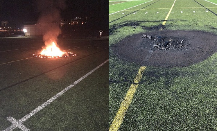 Police said this fire on a sports field next to Nanaimo and District Secondary School was deliberately set. 