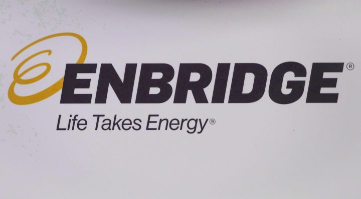 The Enbridge logo is shown at the company's annual meeting in Calgary on May 9, 2018.