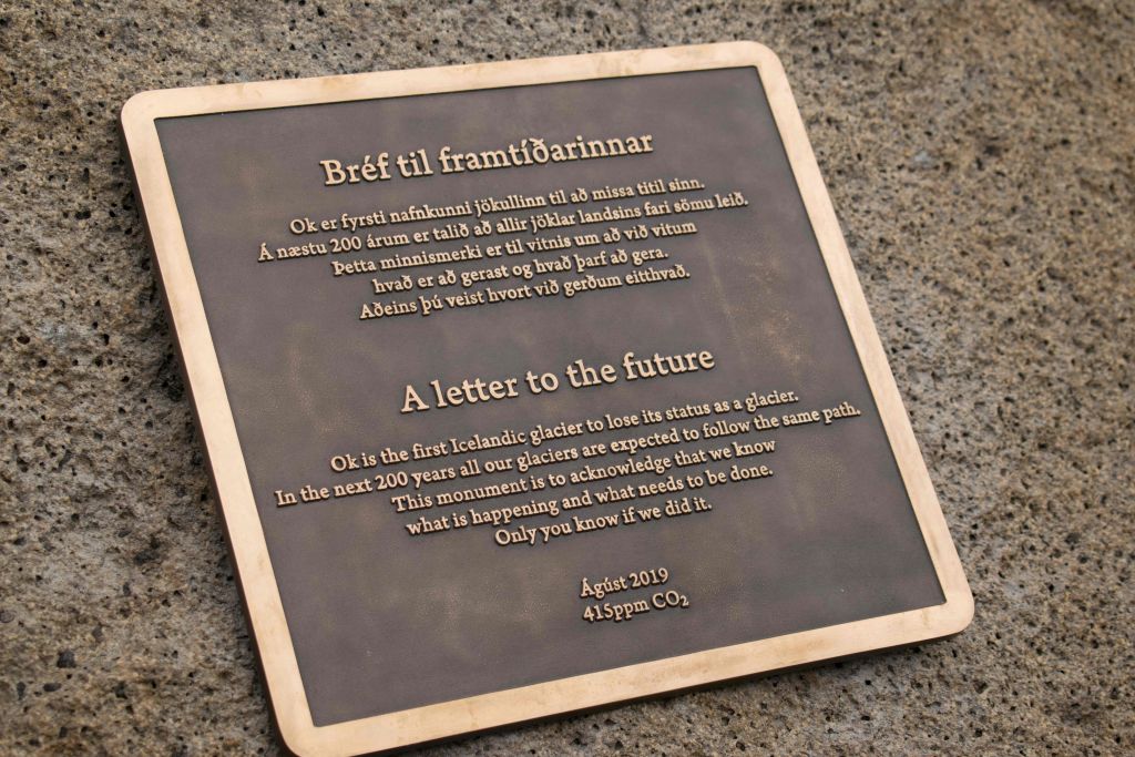 A monument is unveiled at site of Okjokull, Iceland’s first glacier lost to climate change in the west of Iceland on August 18, 2019. (Photo by Jeremie RICHARD / AFP) (Photo credit should read