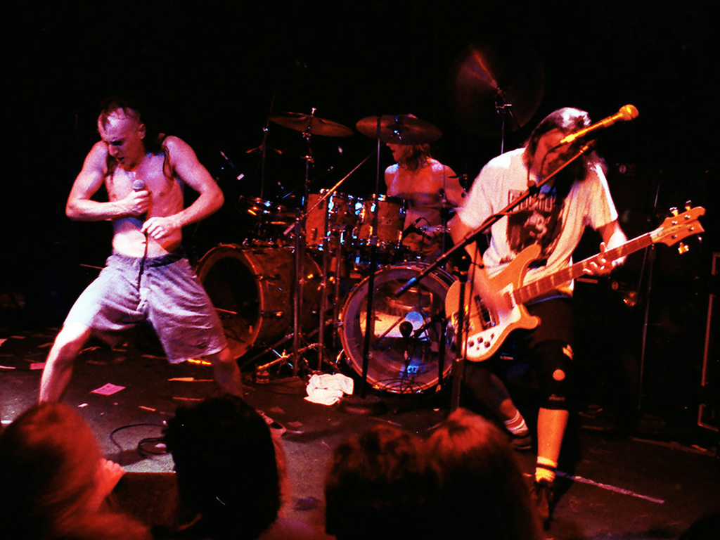 (L-R) Maynard James Keenan, Danny Carey and Paul D’Amour perform as Tool at Club Lingerie in Hollywood on June 2, 1992, in Los Angeles, Calif.