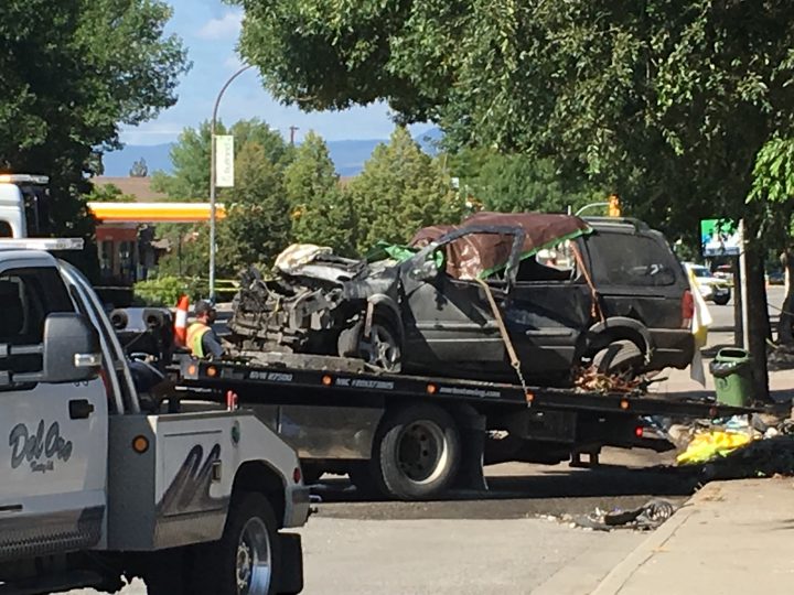 The van involved in the crash being taken away from the scene at Highway 33 and Bryden Road.