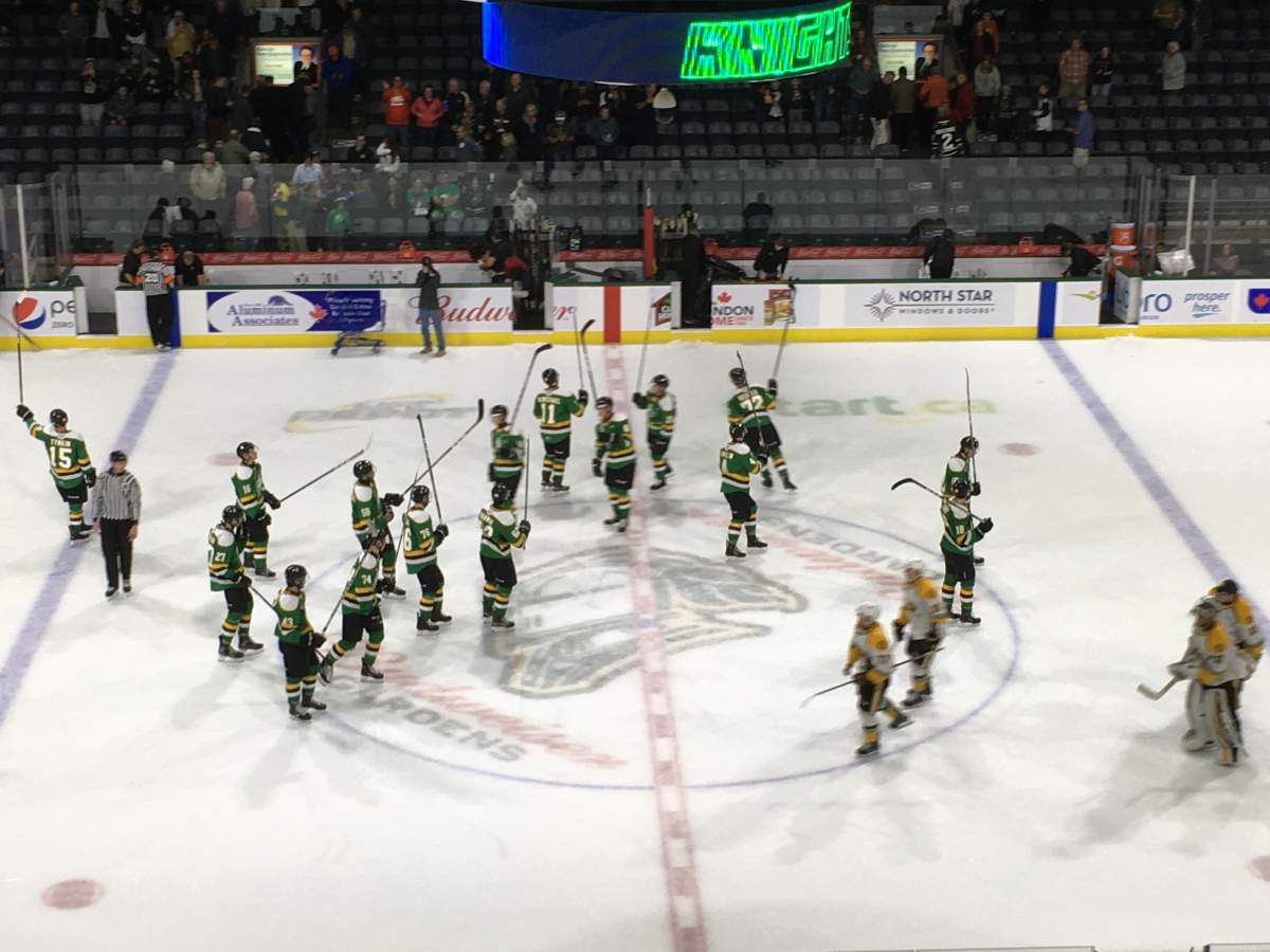 London Knights celebrate a win over the Sarnia Sting.
